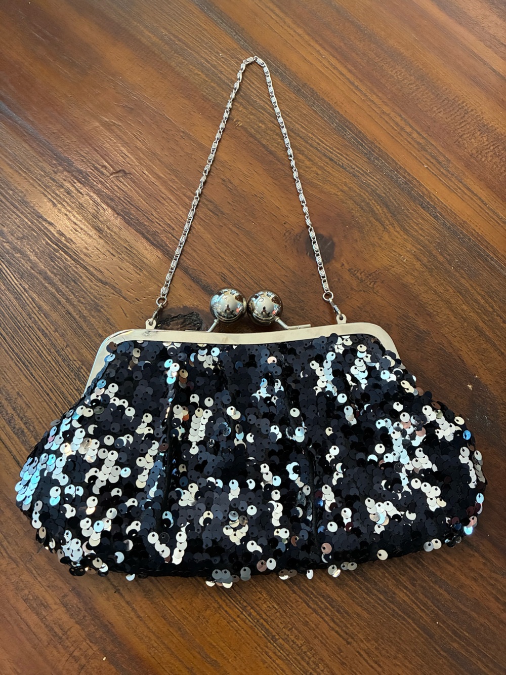 Twist Lock Black Sequin Evening Clutch with Chain Handle.